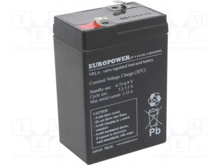 BATTERY 6V 4.5AH VRLA/EP4.5-6 EUROPOWER EMU