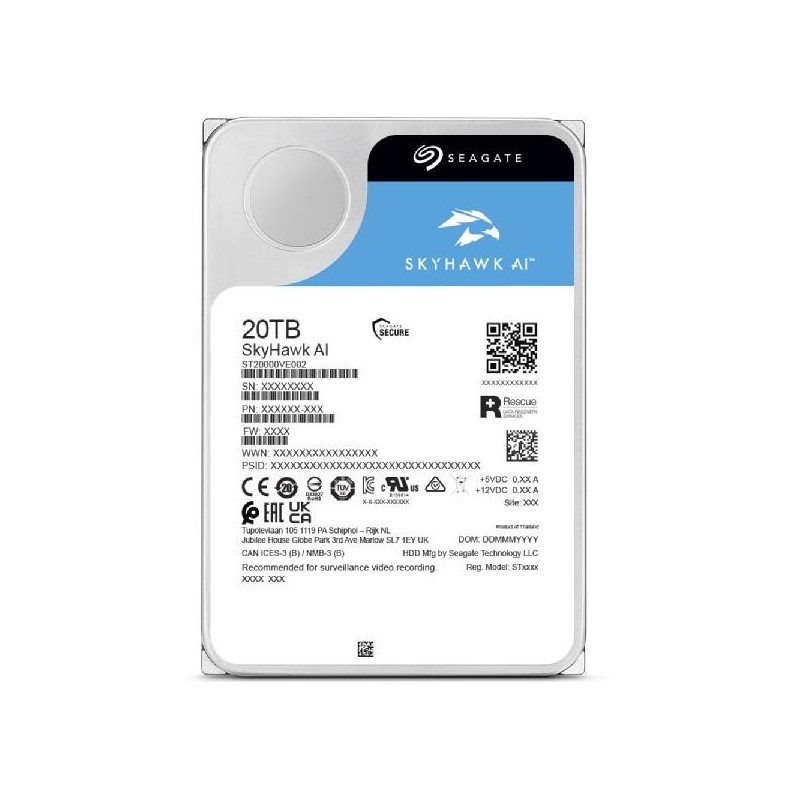 HDD|SEAGATE|SkyHawk AI|20TB|SATA 3.0|256 MB|7200 rpm|Discs/Heads 10/20|3,5"|ST20000VE002