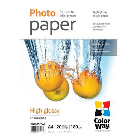ColorWay glossy photo paper, A4, 180 g/m², 20 sheets