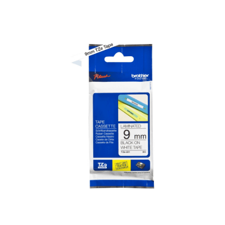 Brother TZe-221 lamineeritud lint, 9 mm, must kiri valgel, 8 m