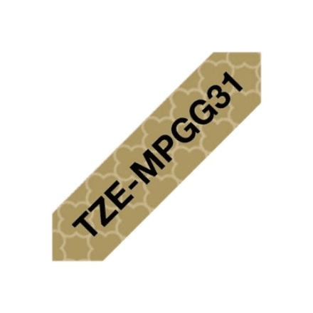 Brother TZe-MPGG31 mustriga lint, 12 mm, must kiri kuldse mustriga taustal