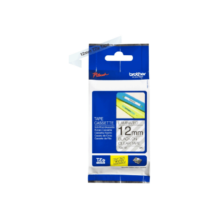 Brother TZe-131 lamineeritud lint, 12 mm, must kiri läbipaistval, 8 m