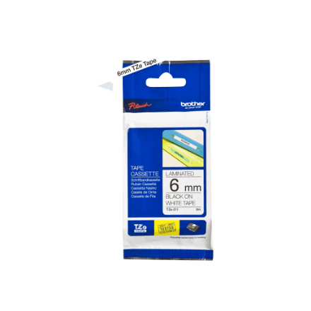 Brother TZe-211 lamineeritud lint, 6 mm, must kiri valgel, 8 m