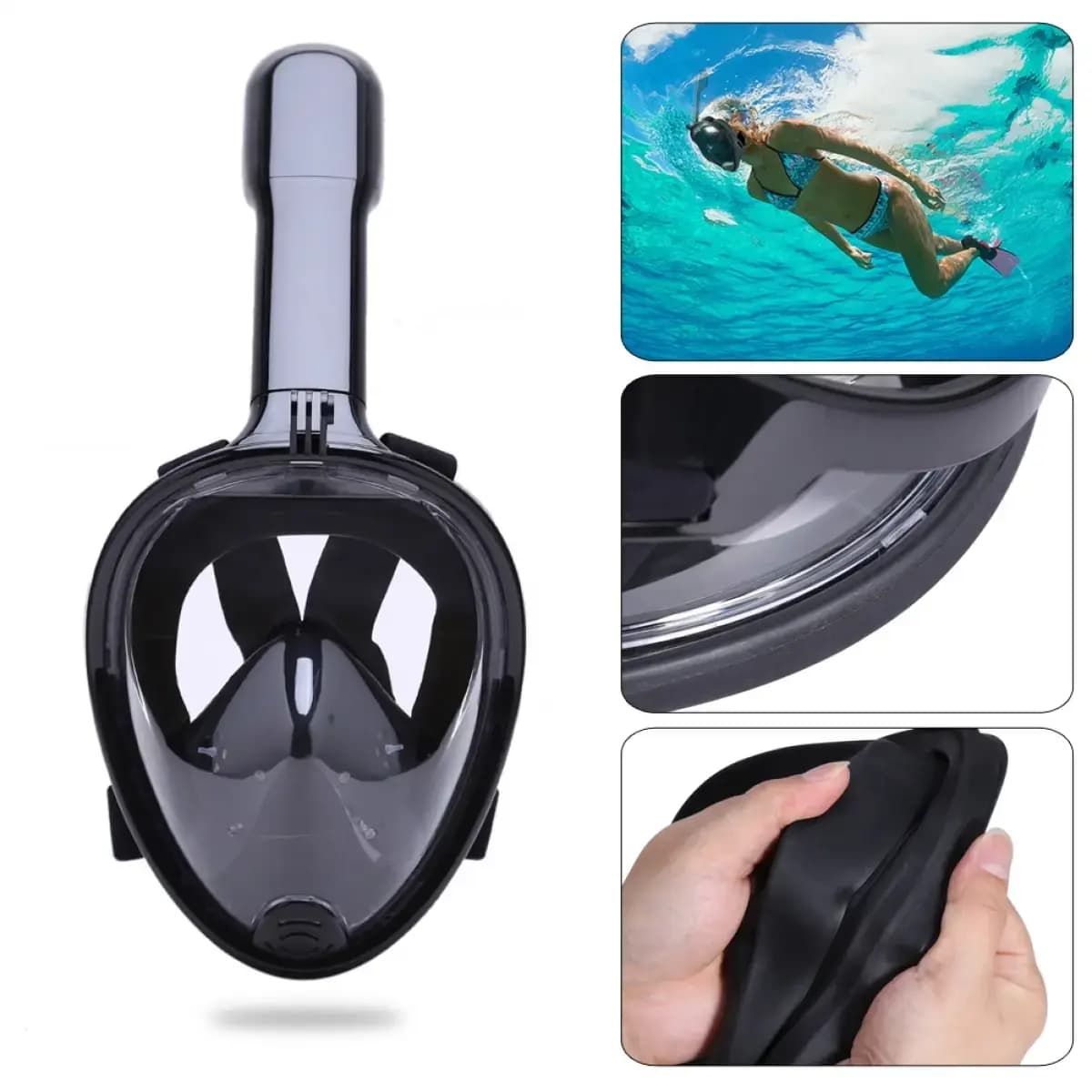 Täisnäo snorgeldusmask GoPro-kinnitusega, S/M, must