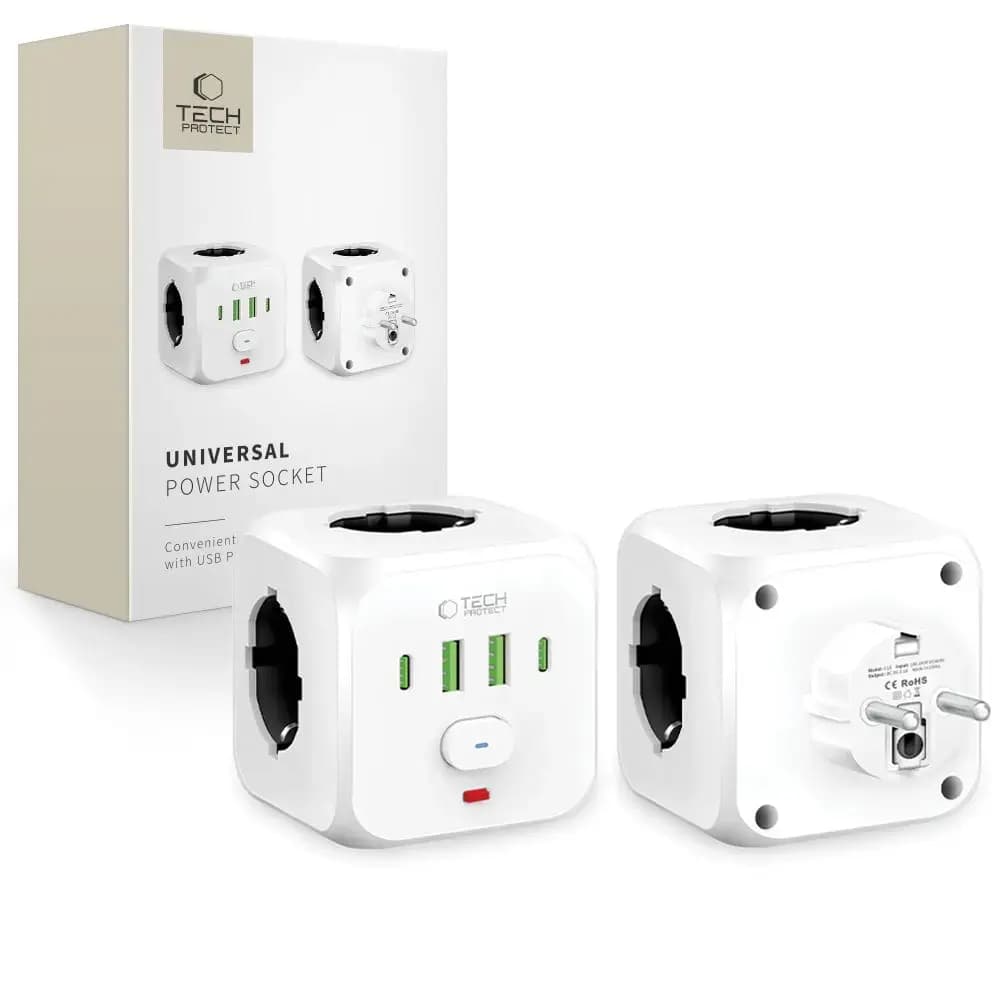 Сетевой адаптер Tech-Protect PCL3X4, 3 розетки, 2 × USB-A, 2 × USB-C, белый