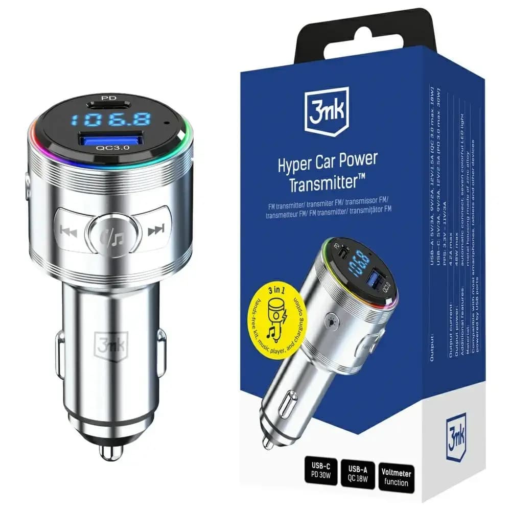Автомобильная зарядка 3mk Protection Hyper Car, 48 Вт, USB-C + USB-A, серебристая