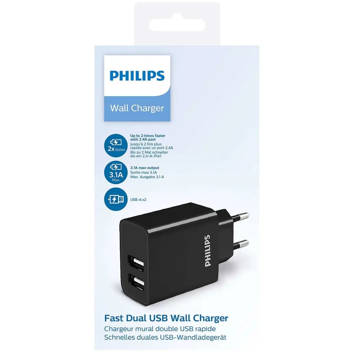 Зарядное устройство Philips DLP2610, 2 × USB-A, 3,1 А, чёрное