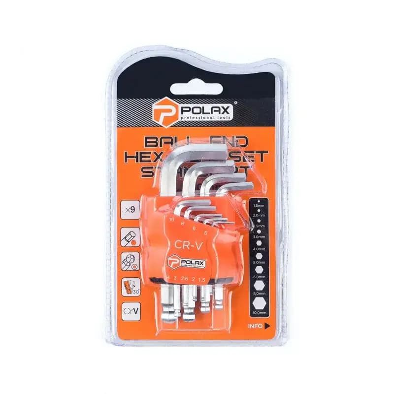 Kuuskantvõtmete komplekt Polax 25-009 kuulotsaga, 9 tk, 1,5–10 mm