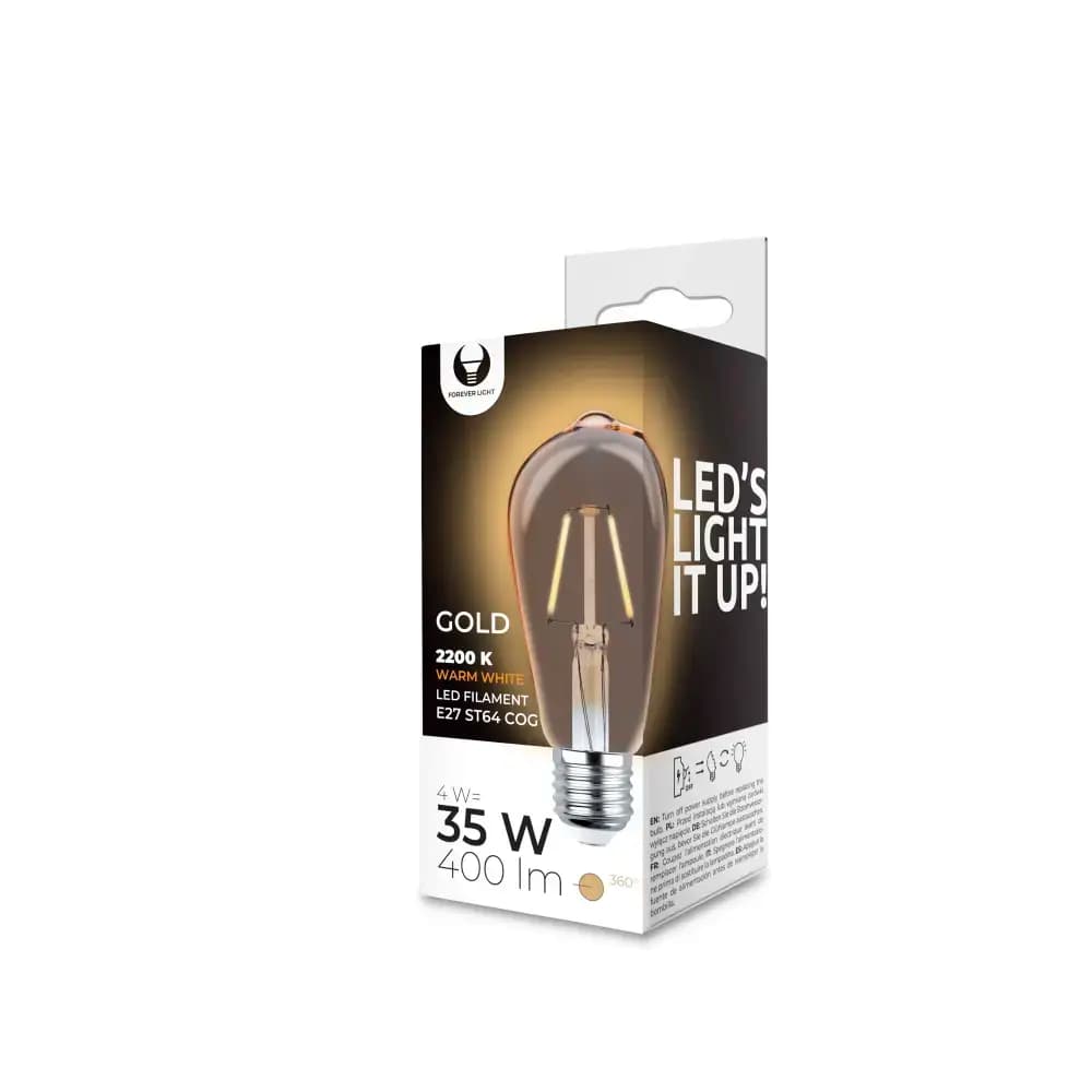 Forever Light E27 ST64 filament LED bulb, 4 W, 2200 K, gold