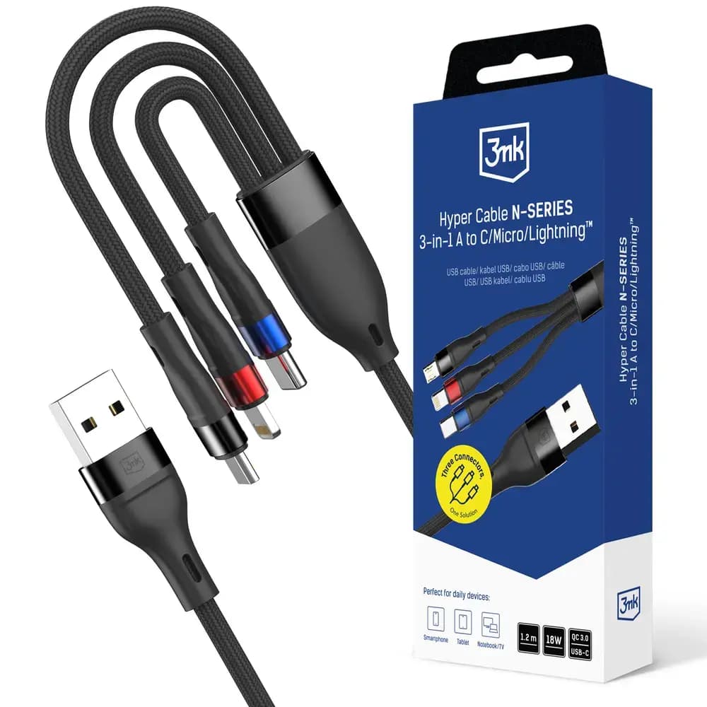 3-in-1 kaabel USB-A – USB-C / Micro USB / Lightning 3mk Hyper N-SERIES, 1,2 m, 18 W