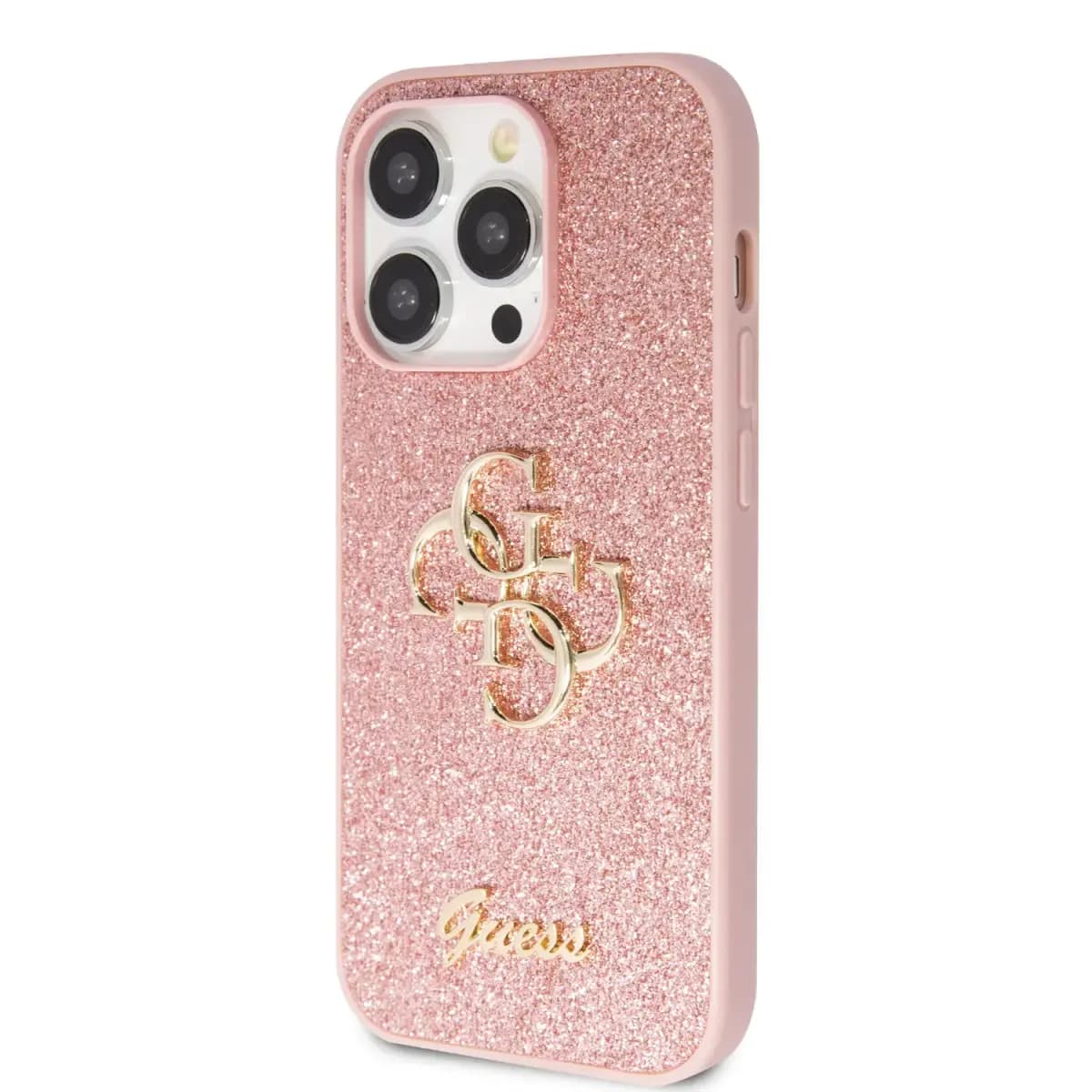 Чехол для iPhone 15 Pro Guess PU Fixed Glitter 4G Metal Logo, розовый