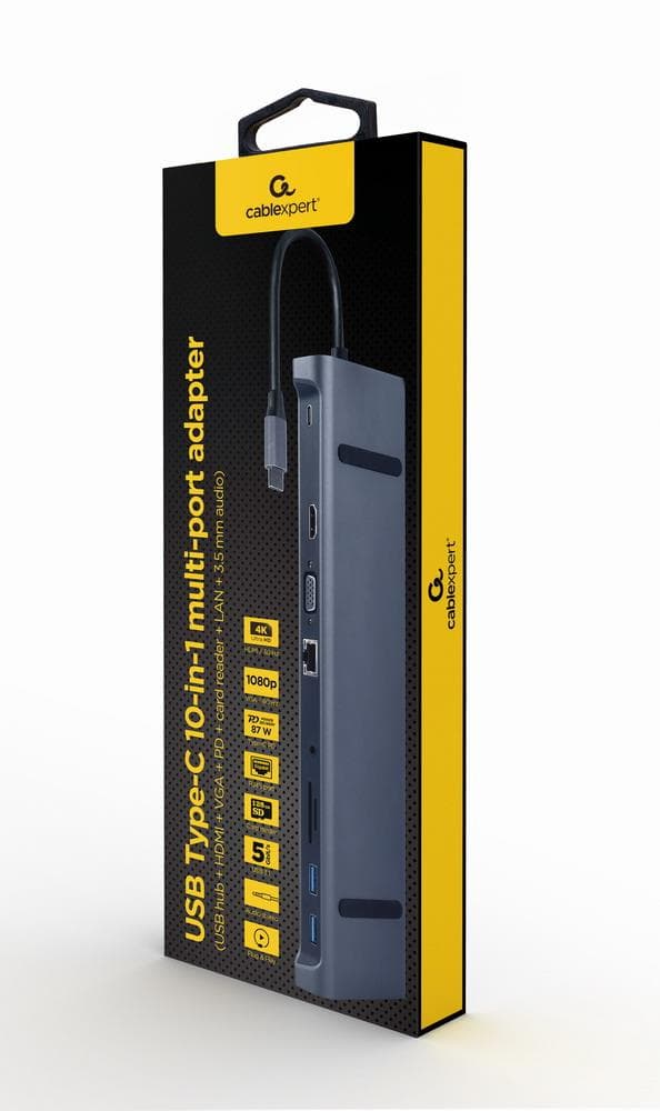 USB-C адаптер Gembird A-CM-COMBO10-01, 10 в 1, HDMI, VGA, LAN, PD 87 Вт