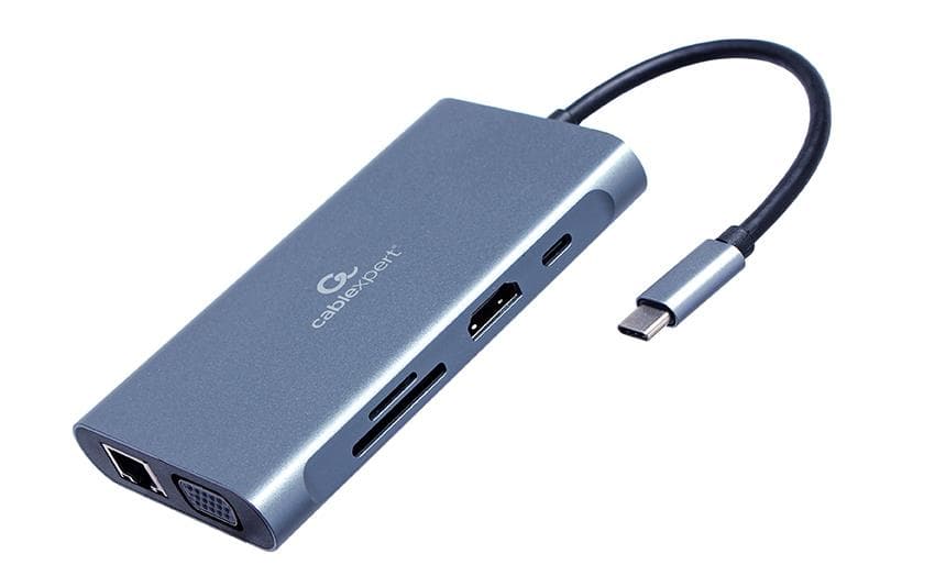 USB-C адаптер Gembird A-CM-COMBO7-01, 7 в 1, HDMI, VGA, LAN, PD 100 Вт