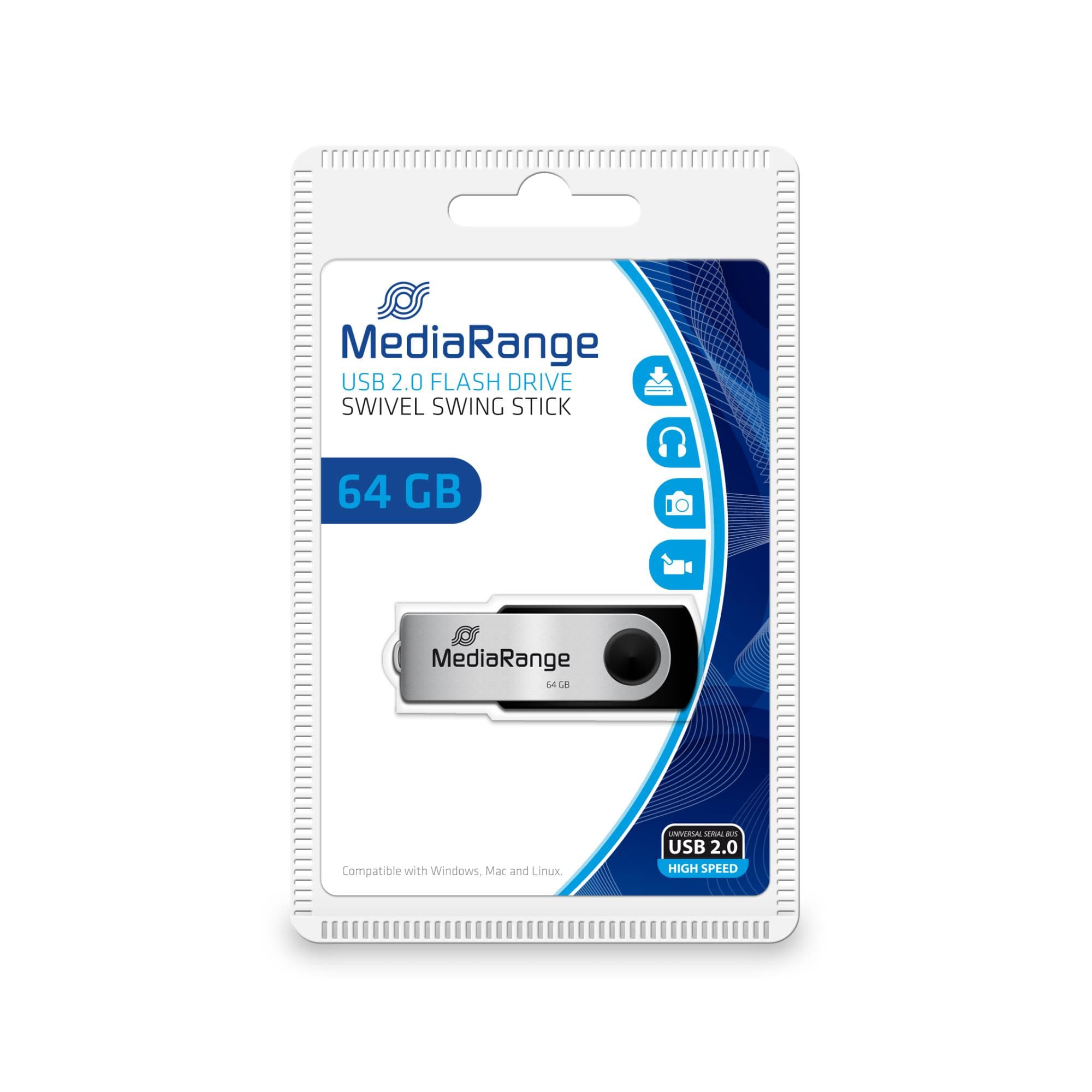 MediaRange MR912 64GB USB 2.0 Flash Drive, Swivel, Black/Silver
