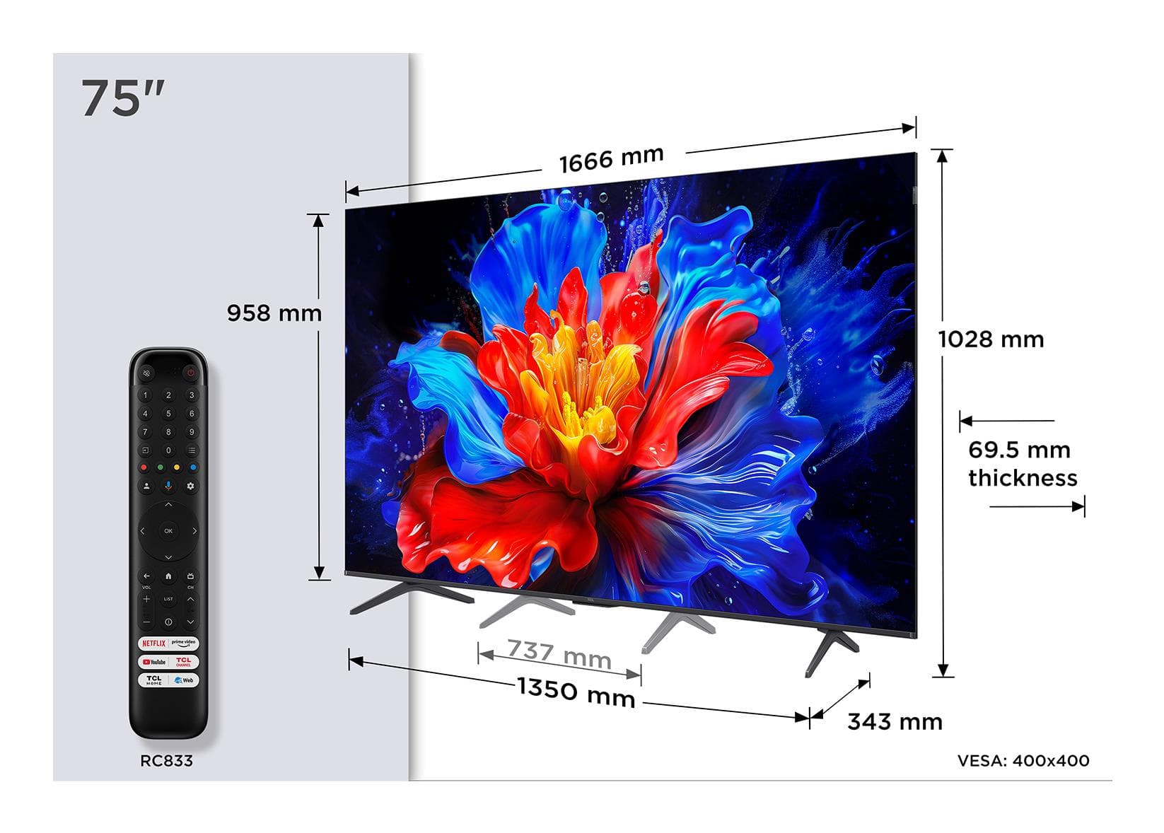 TCL 75P8K TV, 75″, 4K QLED, 120 Hz, Google TV