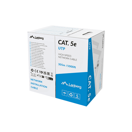 Кабель витая пара Lanberg Cat 5e U/UTP LSZH CU, бухта 305 м, серый