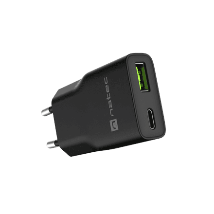 Сетевое зарядное устройство Natec Ribera, 20 Вт, USB-A + USB-C, GaN Slim, чёрный
