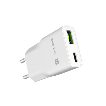 Сетевое зарядное устройство Natec Ribera, 20 Вт, USB-A + USB-C, GaN Slim, белый