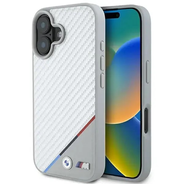 Чехол для iPhone 16 BMW BMHMP16S23PUDTS M Carbon Tricolor Line с MagSafe, серый