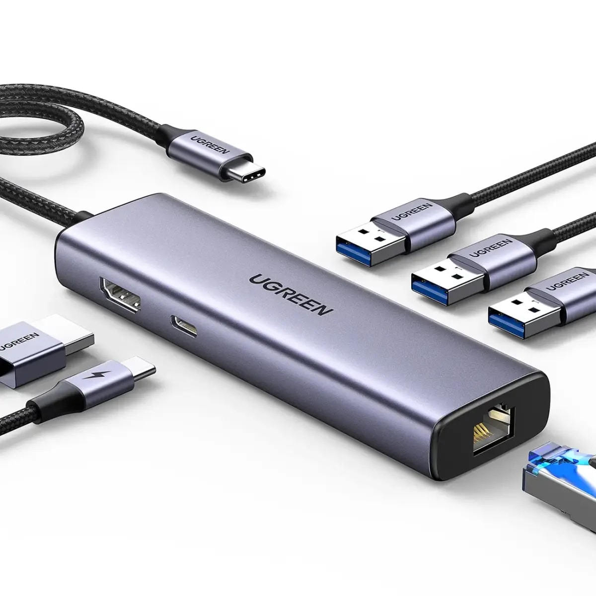 USB-jagaja Ugreen CM512 6-in-1, HDMI, RJ45, PD 100 W, hall