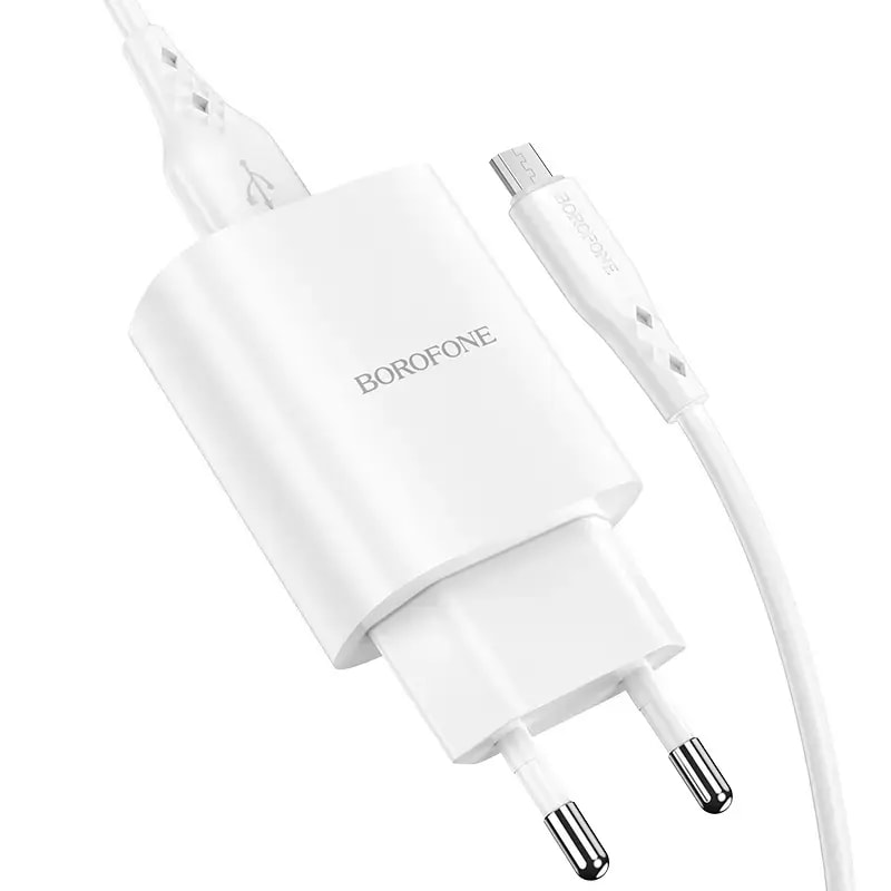 Borofone BN1 Innovative wall charger, 2.1 A, USB-A, with MicroUSB cable, white
