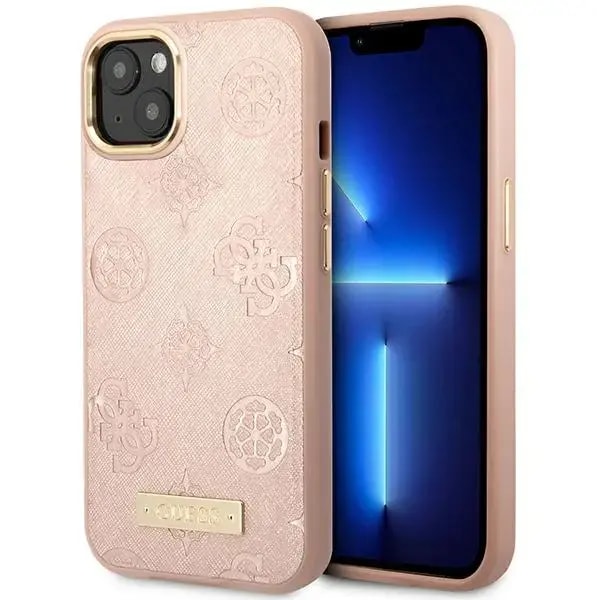 Guess GUHMP14SSAPSTP Peony Logo Plate case with MagSafe for iPhone 14, pink