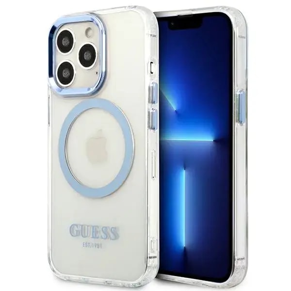 Ümbris iPhone 13 Pro Max, Guess GUHMP13XHTRMB Metal Outline, MagSafe, sinine