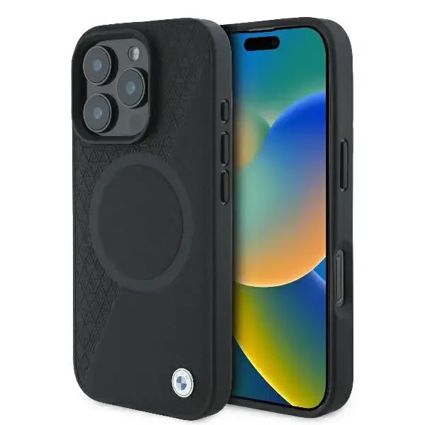 Ümbris iPhone 16 Pro, BMW Sign Leather Half Textured And Circle, MagSafe, must