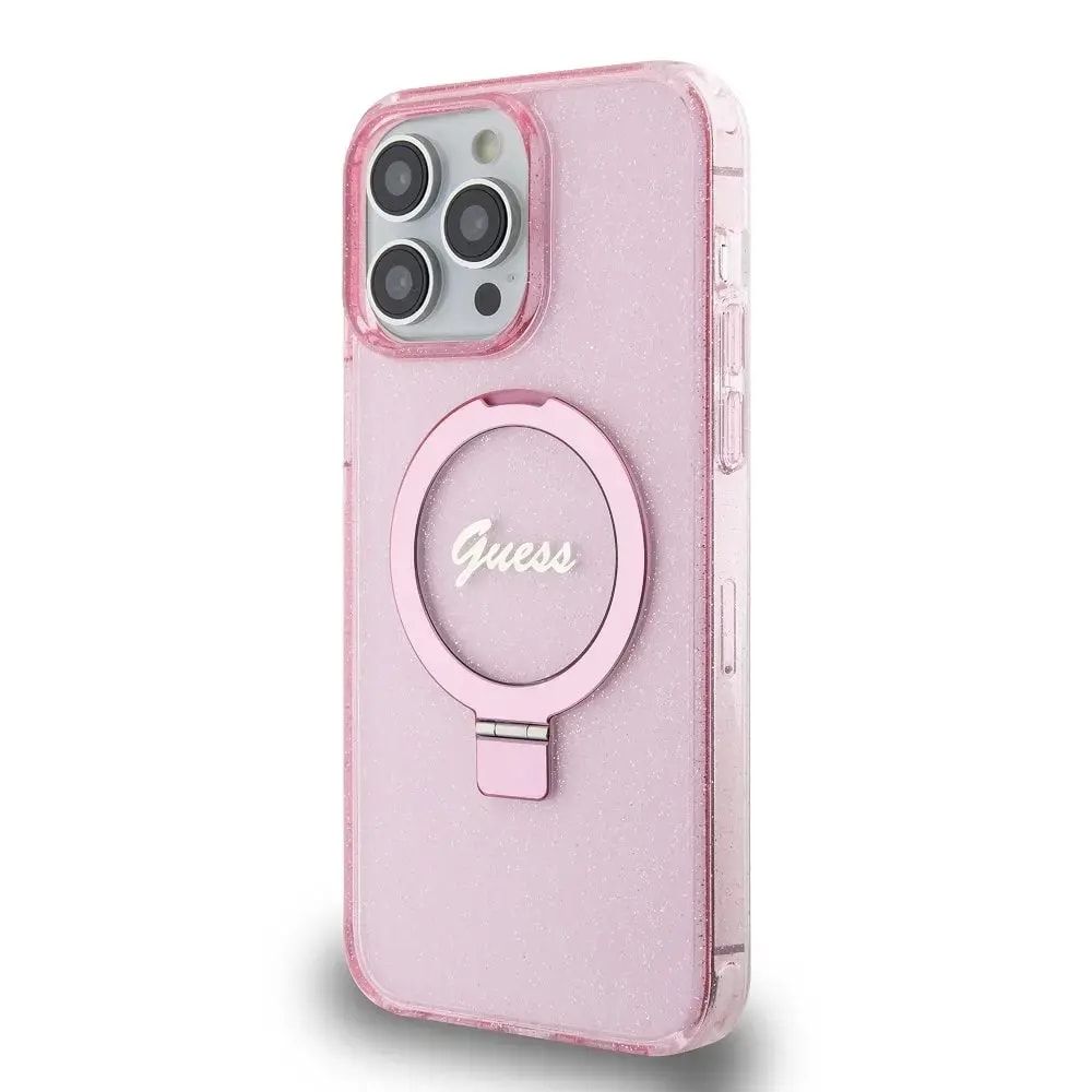 Guess IML Ring Stand Glitter case with MagSafe for iPhone 15 Pro Max, pink