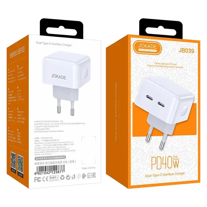 Laadija Jokade JB039, 20 W, USB-C, valge