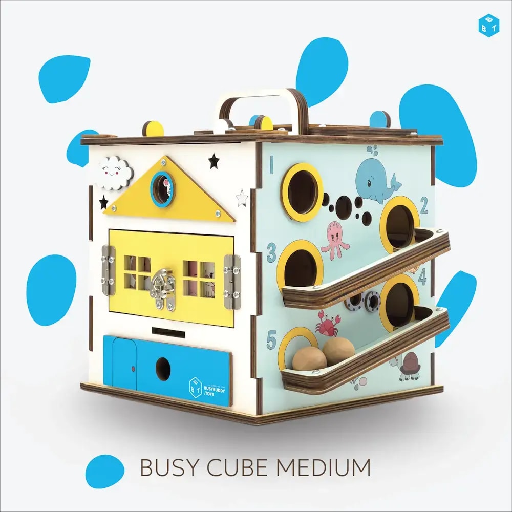 BussyBuddy wooden activity cube, 20-in-1, with lights and buttons