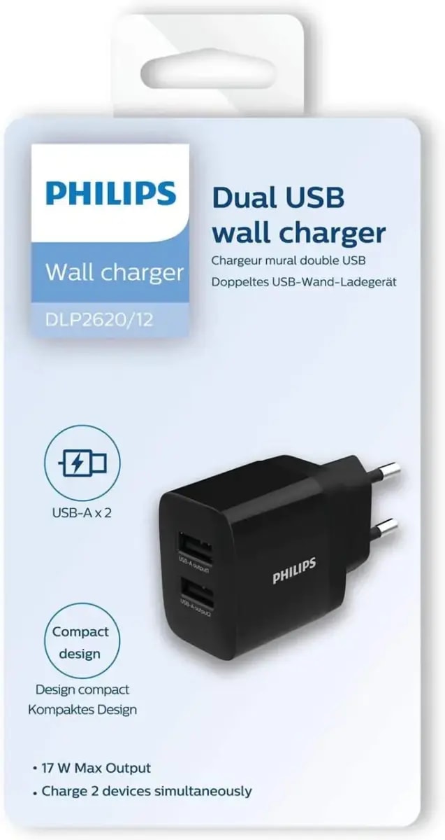Philips DLP2620 wall charger, 17 W, USB-A, black