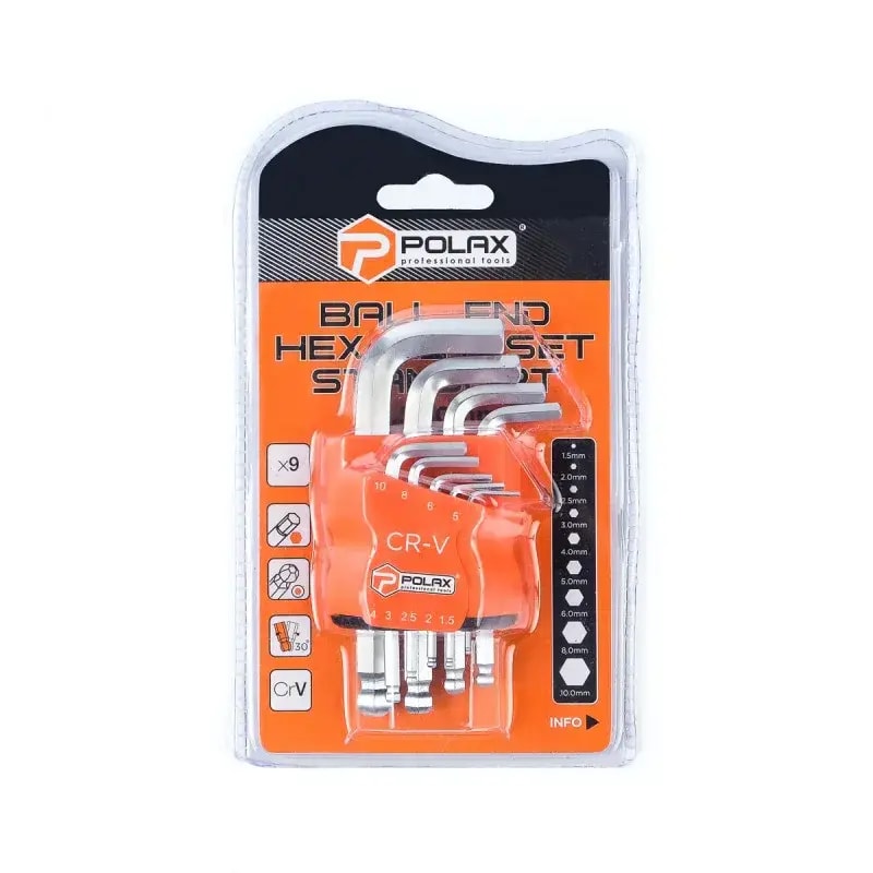 Polax 25-009 ball end hex key set, 9 pcs, 1.5–10 mm, Cr-V