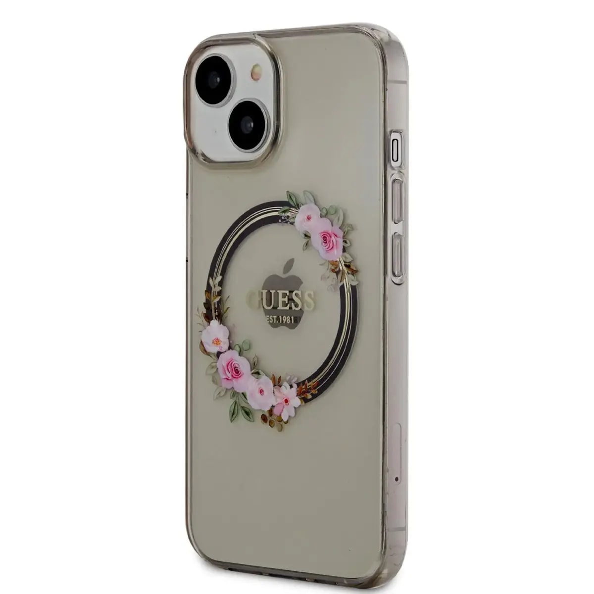 Чехол для iPhone 14 Guess Flowers Ring Glossy Logo с MagSafe, чёрный