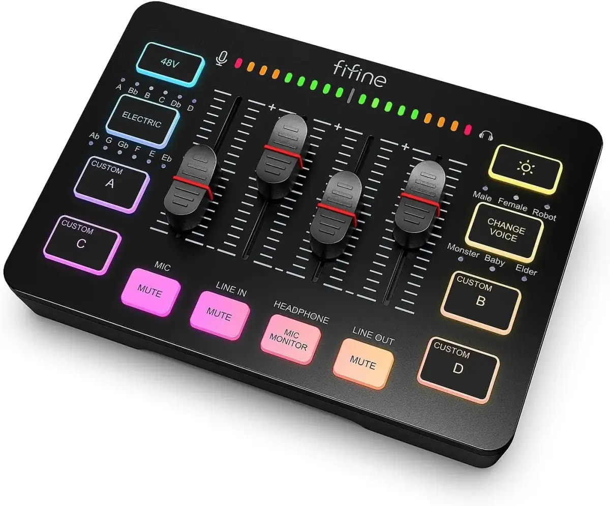 Fifine SC3 audio mixer, XLR, 48 V, RGB, black