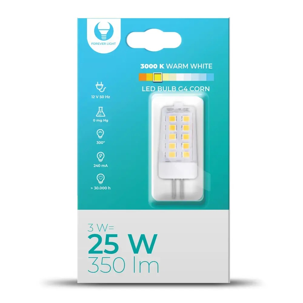 Forever Light G4 Corn LED bulb, 3 W, 12 V, 3000 K