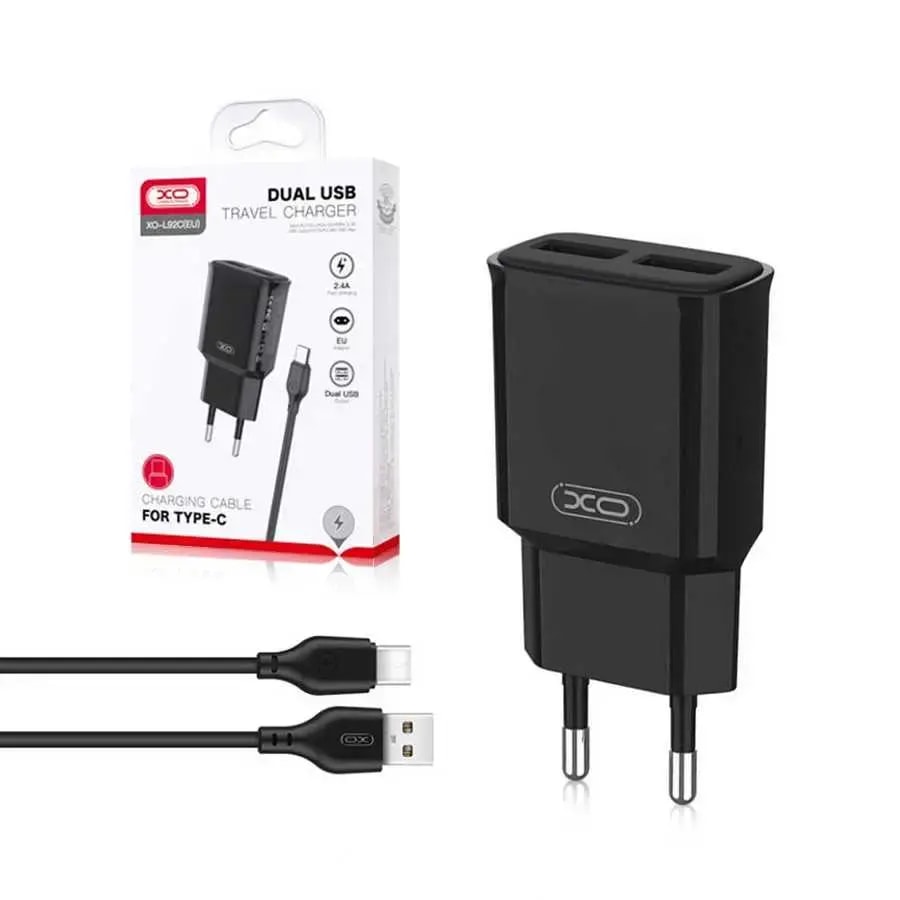 Зарядное устройство XO L92C, 12 Вт, USB-C, с кабелем USB-C – USB-C, чёрное