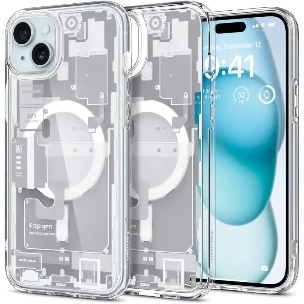 Чехол для iPhone 15 Plus Spigen Ultra Hybrid Mag с MagSafe, белый, Design Zero One