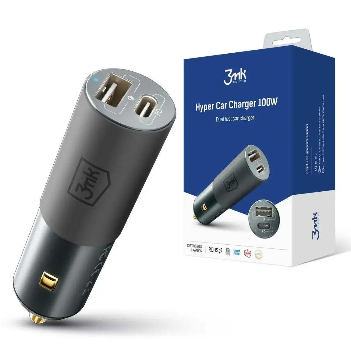 3mk Hyper car charger, 100 W, USB-A + USB-C, black