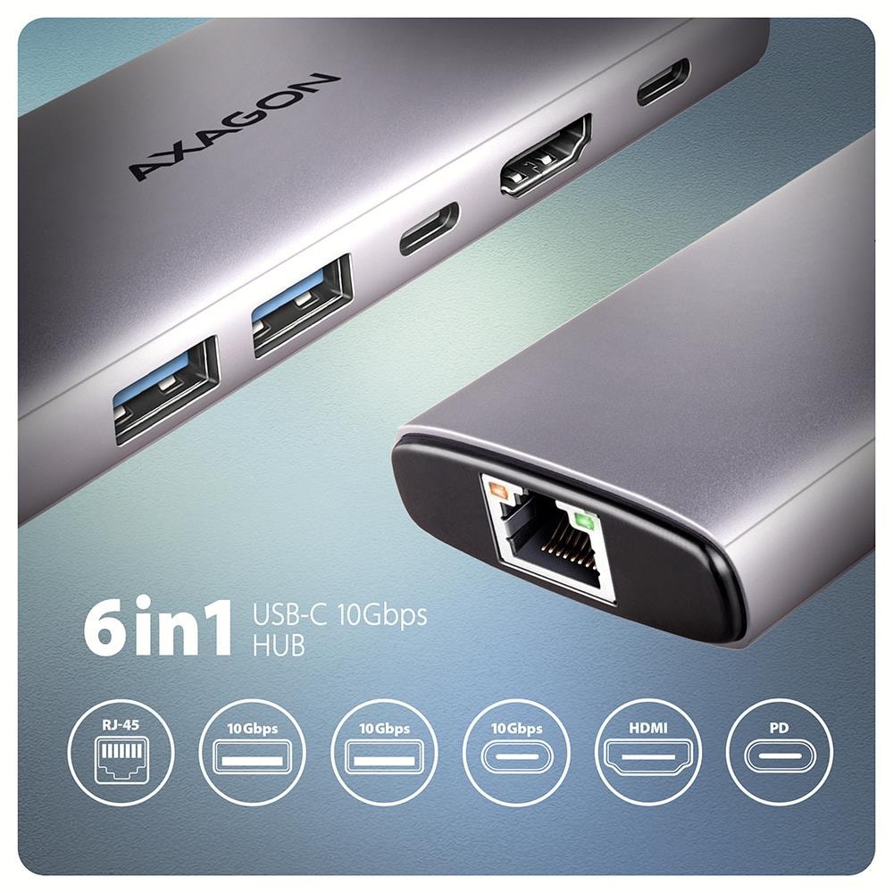 AXAGON HMC-6G2L USB-C Hub 6-in-1 10Gbps Aluminium
