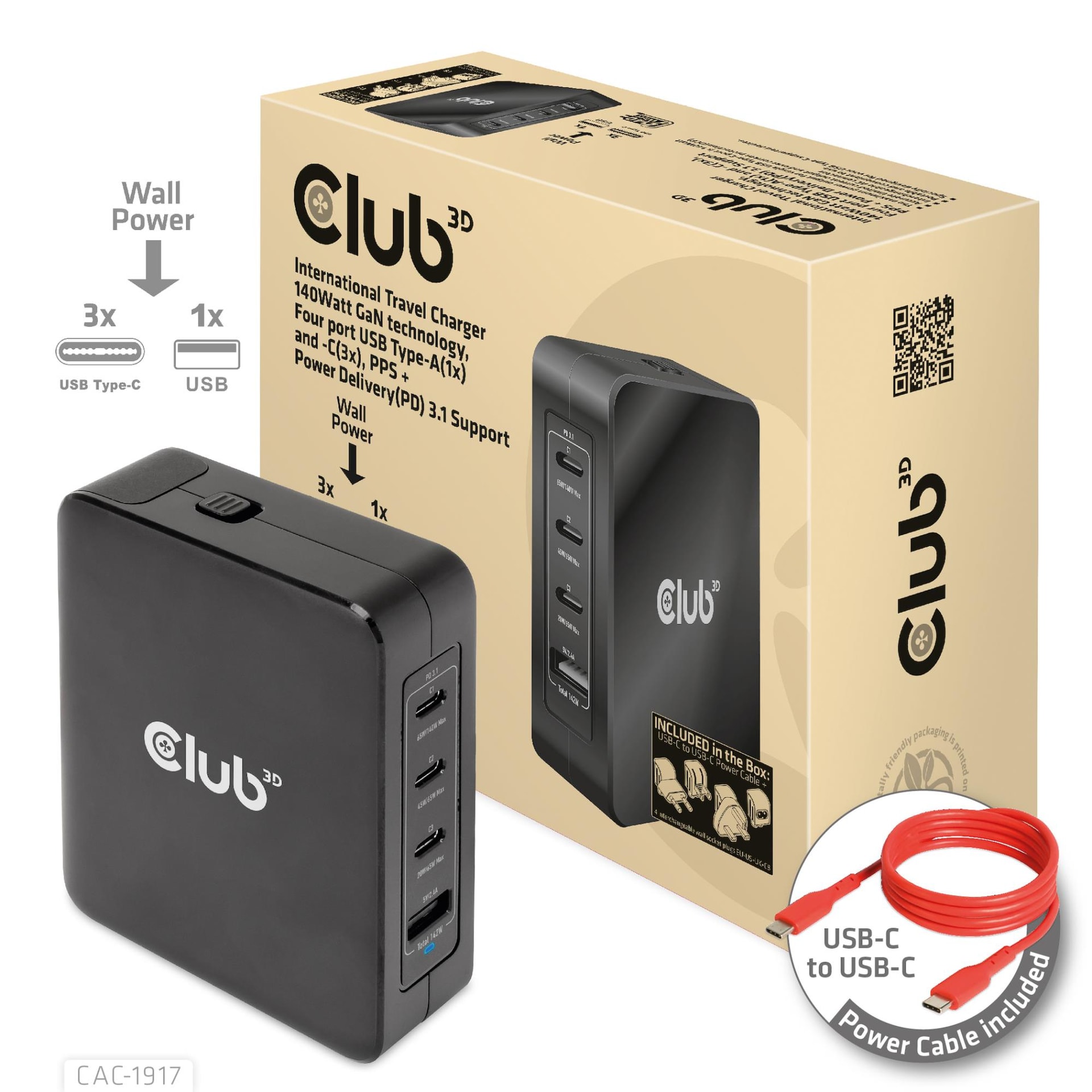 CLUB3D CAC-1917 USB-C laadija 140W – odav kiirlaadija