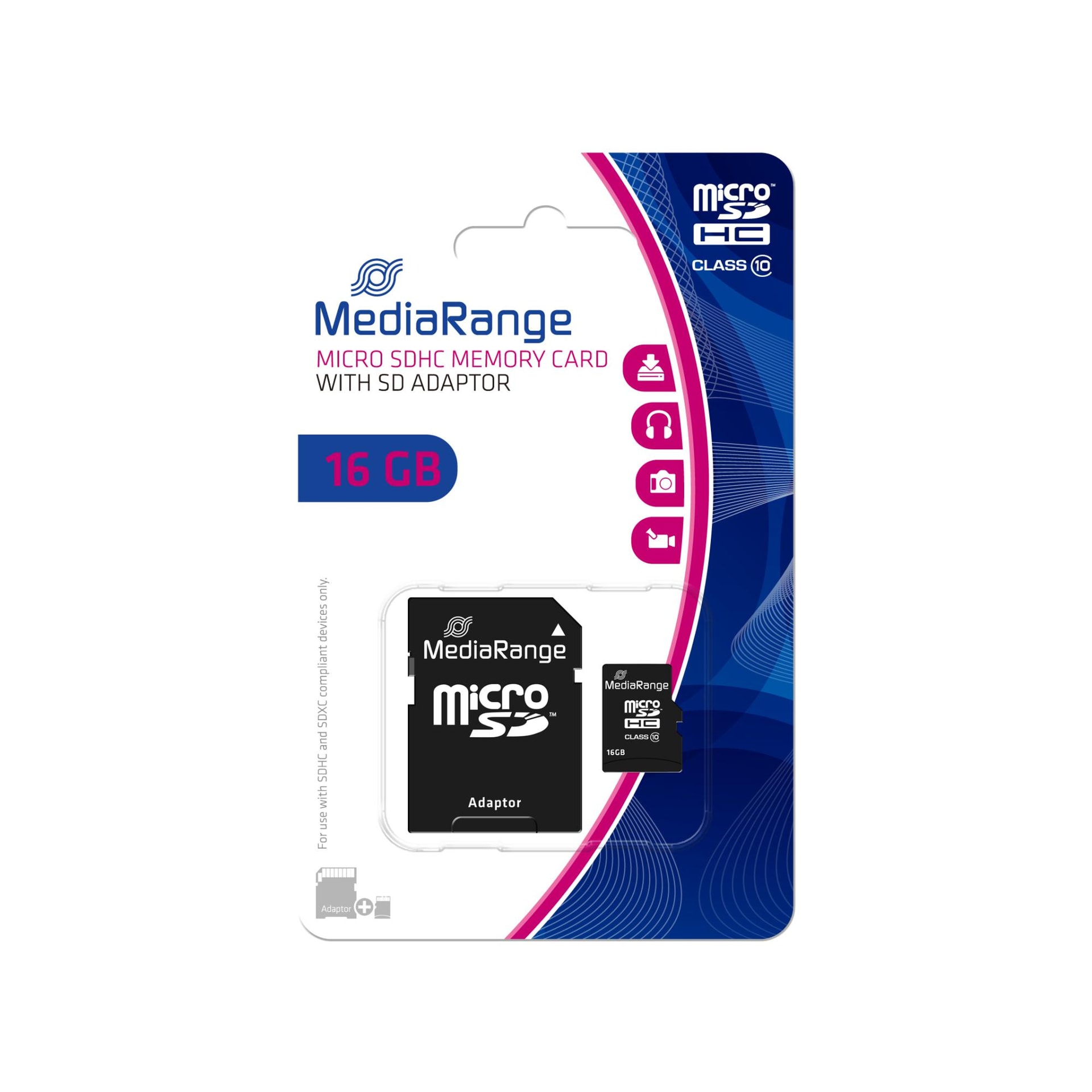 MediaRange MR958 microSDHC memory card, 16 GB, with SD adapter