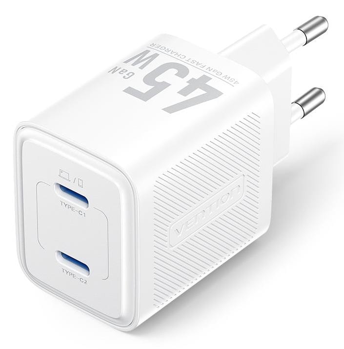 Сетевое зарядное устройство Vention FEFW0-EU, GaN, 45 Вт, 2 × USB-C, белое
