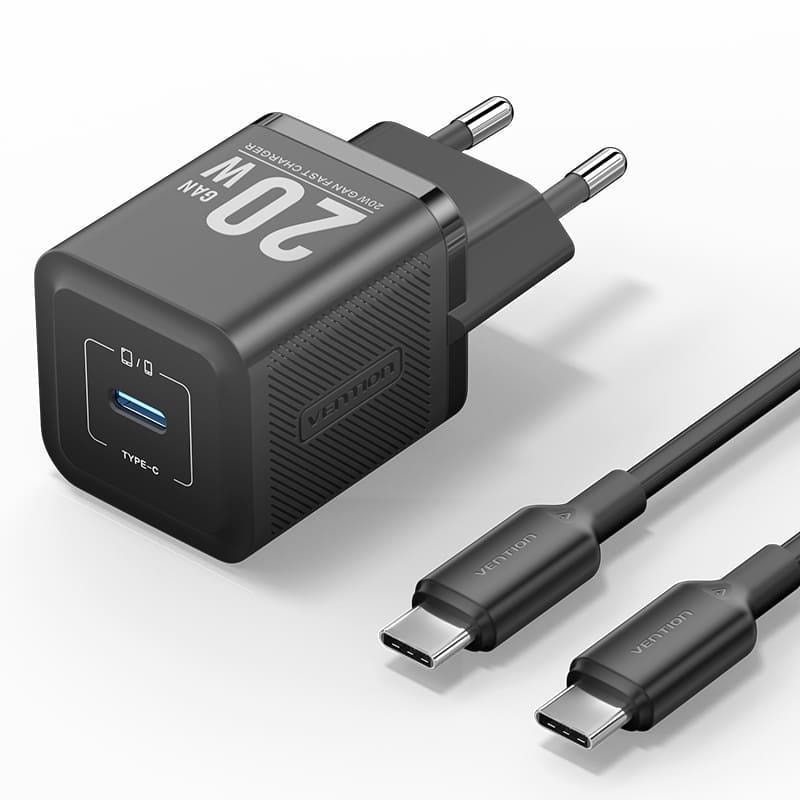 Vention TZ-FEPB0-EU-01 GaN charger with cable, 20 W, USB-C, black