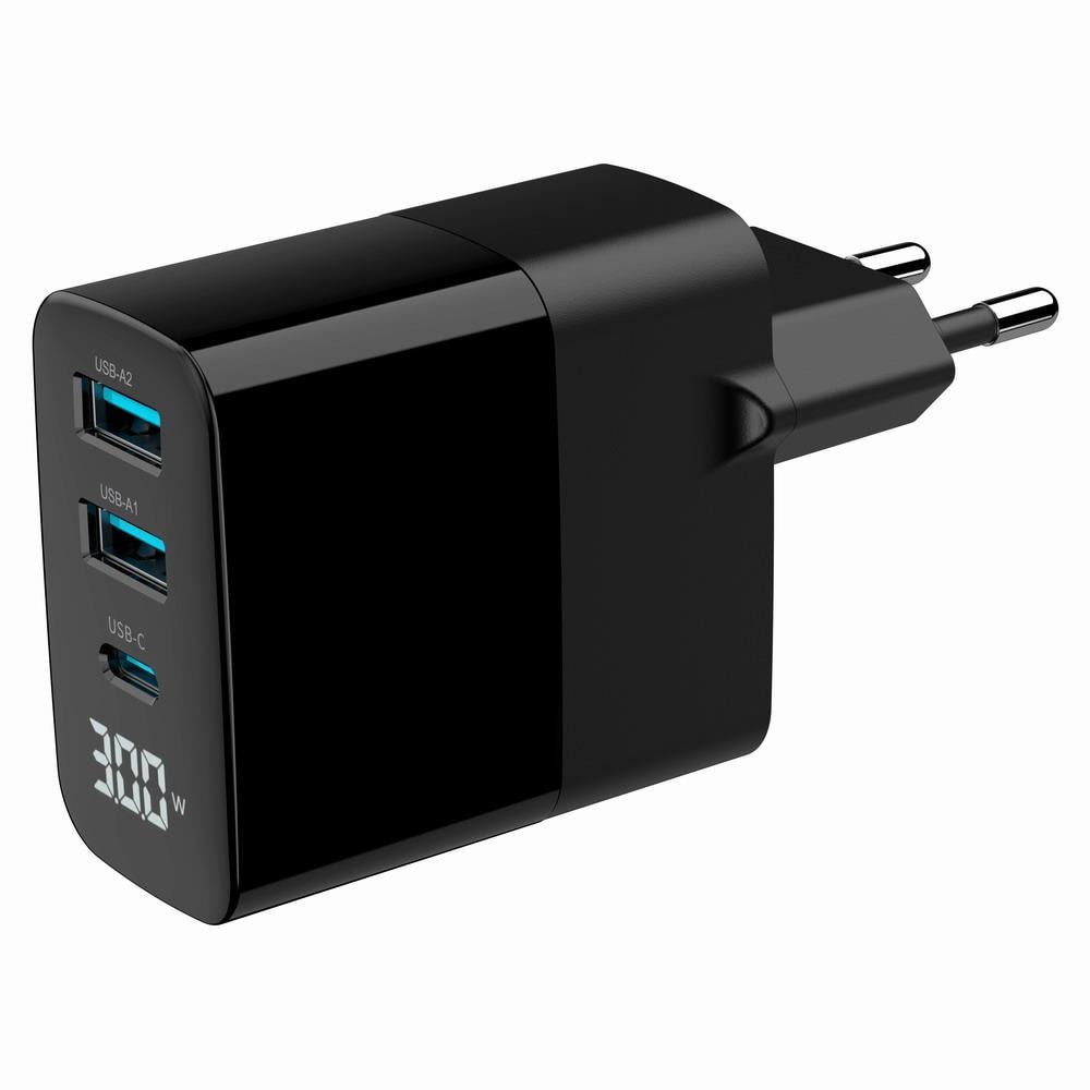 Сетевое зарядное устройство Gembird TA-UC-PDQC30LCD-BK-02, GaN, 30 Вт, 3 порта
