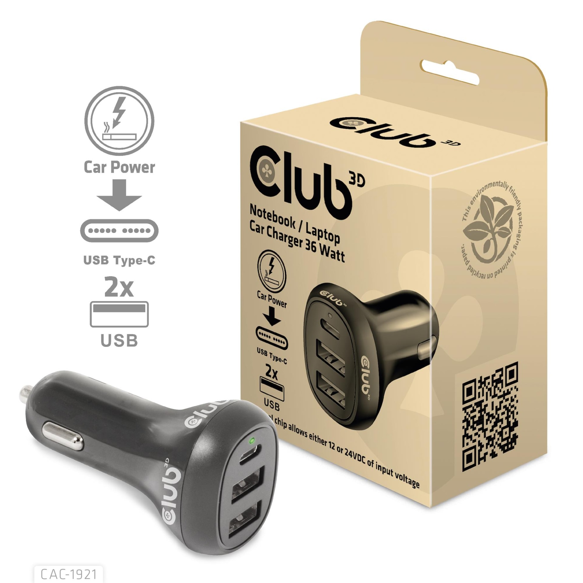 CLUB3D CAC-1921 36W autolaadija USB-C