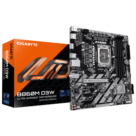 Gigabyte B860M D3W | Processor family Intel | Processor socket LGA1851 | DDR5 | Supported hard disk drive interfaces M.2, SATA | Number of SATA connectors 4
