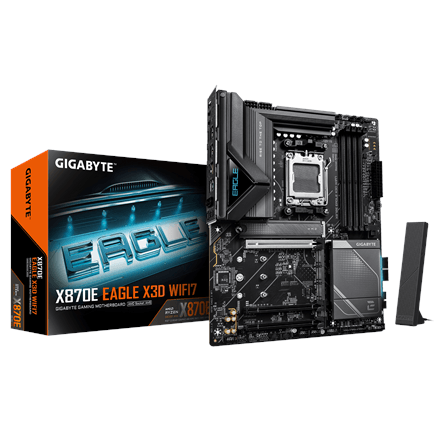 Gigabyte X870E EAGLE X3D WIFI7 | Processor family AMD | Processor socket AM5 | DDR5 | Supported hard disk drive interfaces M.2, SATA | Number of SATA connectors 4