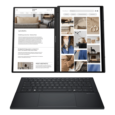 Asus | Zenbook Duo UX8406CA-QL287W | Inkwell Gray | 14 " | OLED | Touchscreen | FHD | 1920 x 1200 pixels | Intel Core Ultra 7 | 255H | 16 GB | LPDDR5X | Solid-state drive capacity 1000 GB | Intel Arc Graphics | Windows 11 Home | 802.11be | Bluetooth version 5.4 | Keyboard language US international | Keyboard backlit | Warranty 24 month(s) | Battery warranty 12 month(s)
