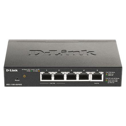 D-Link DGS-1100-05PDV2 network switch, 5 ports, PoE, web managed